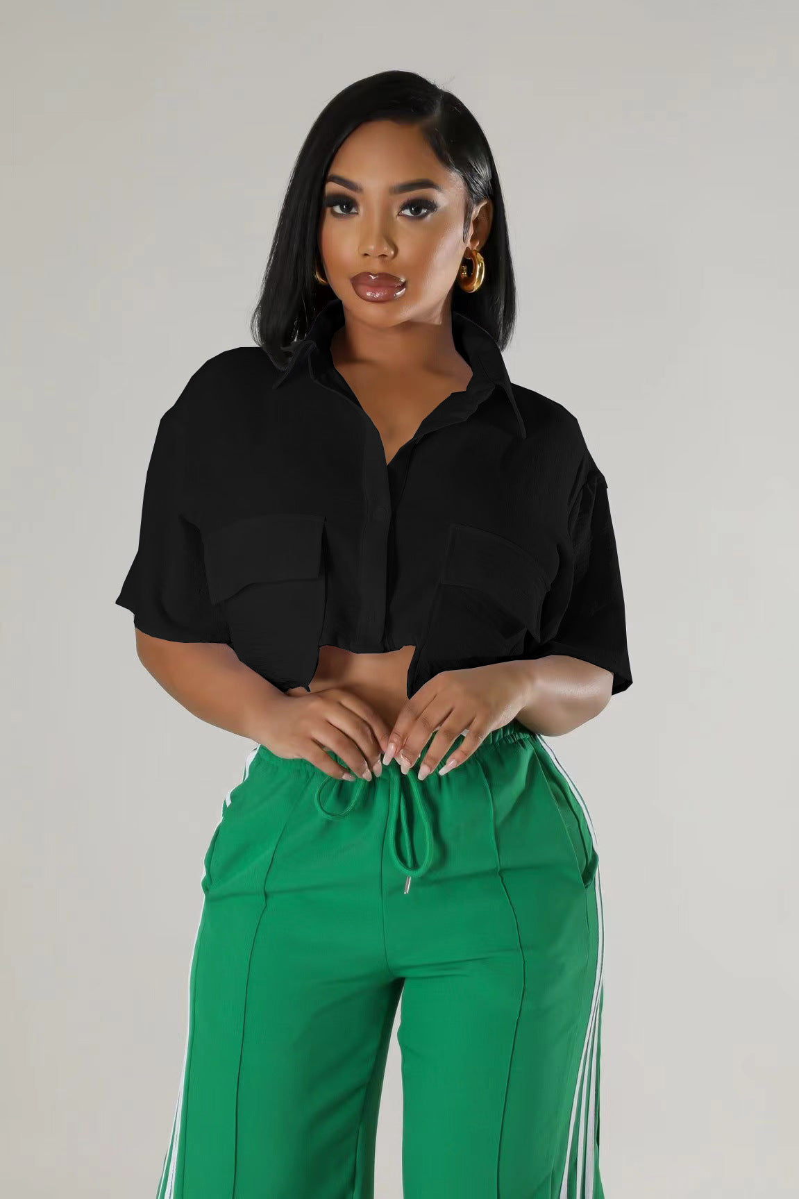 Spring Summer Women's Short Sleeve Solid Color Short Sleeve Crop Shirt 4