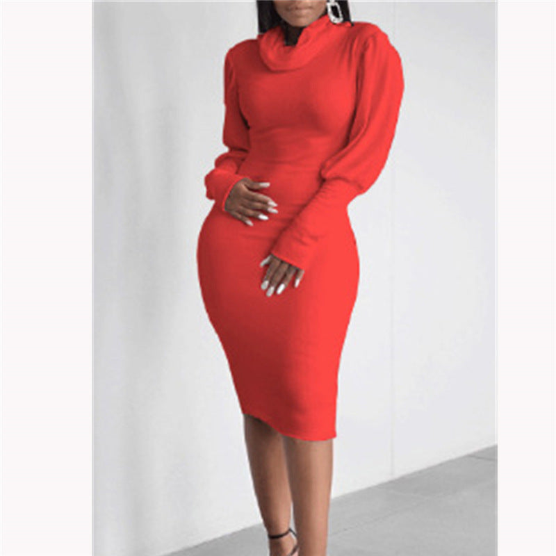 Women Fall High Neck Long Sleeve Bodycon Dress 8