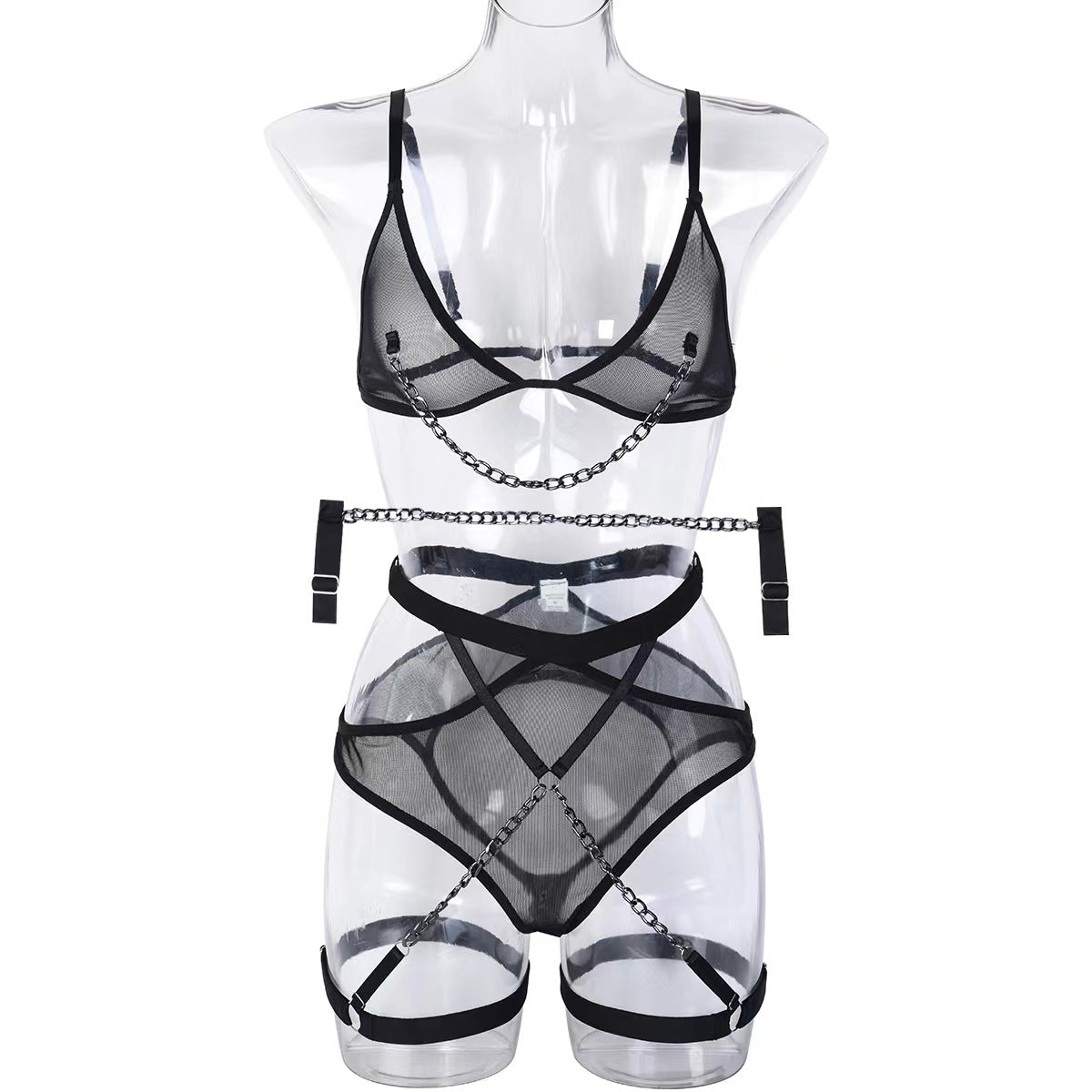 Women Sexy Uniform Thin Mesh See-Through Metal Bracelet Lingerie Set 8