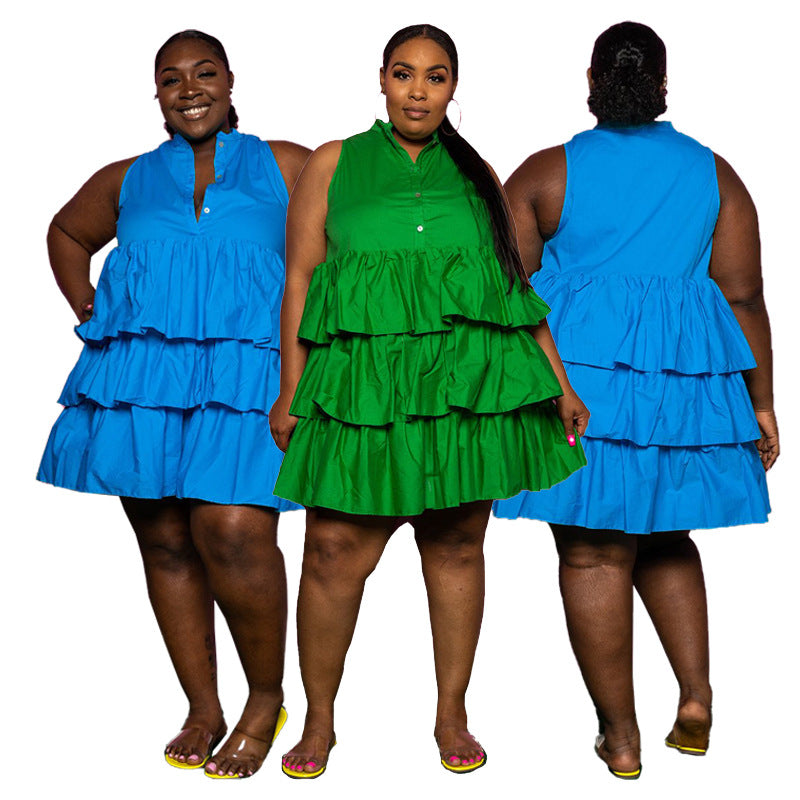 Plus Size Women Summer Solid Button Sleeveless Loose Layered Ruffles Dress