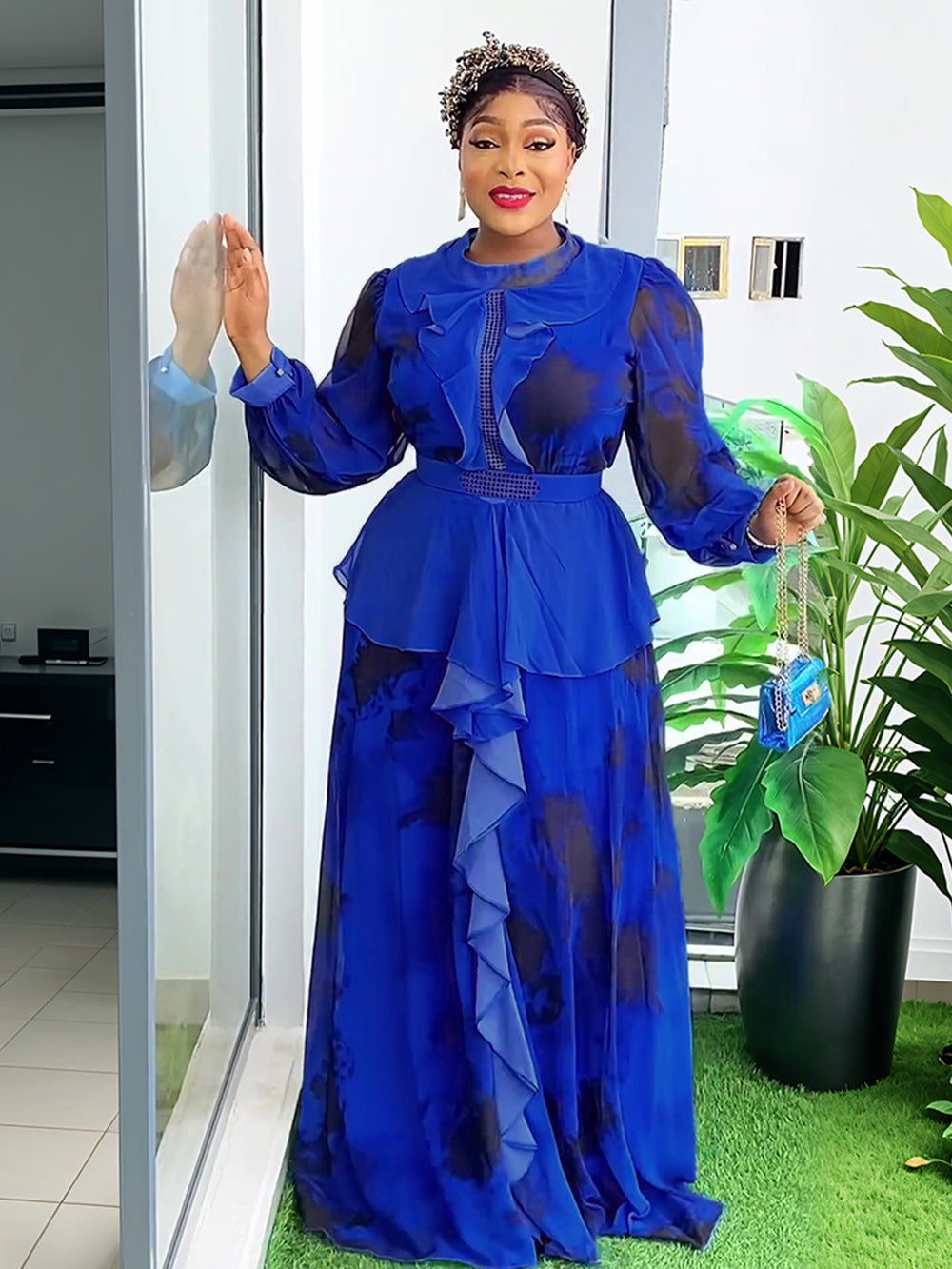 African Women Retro Printed Ruffle Dress 8