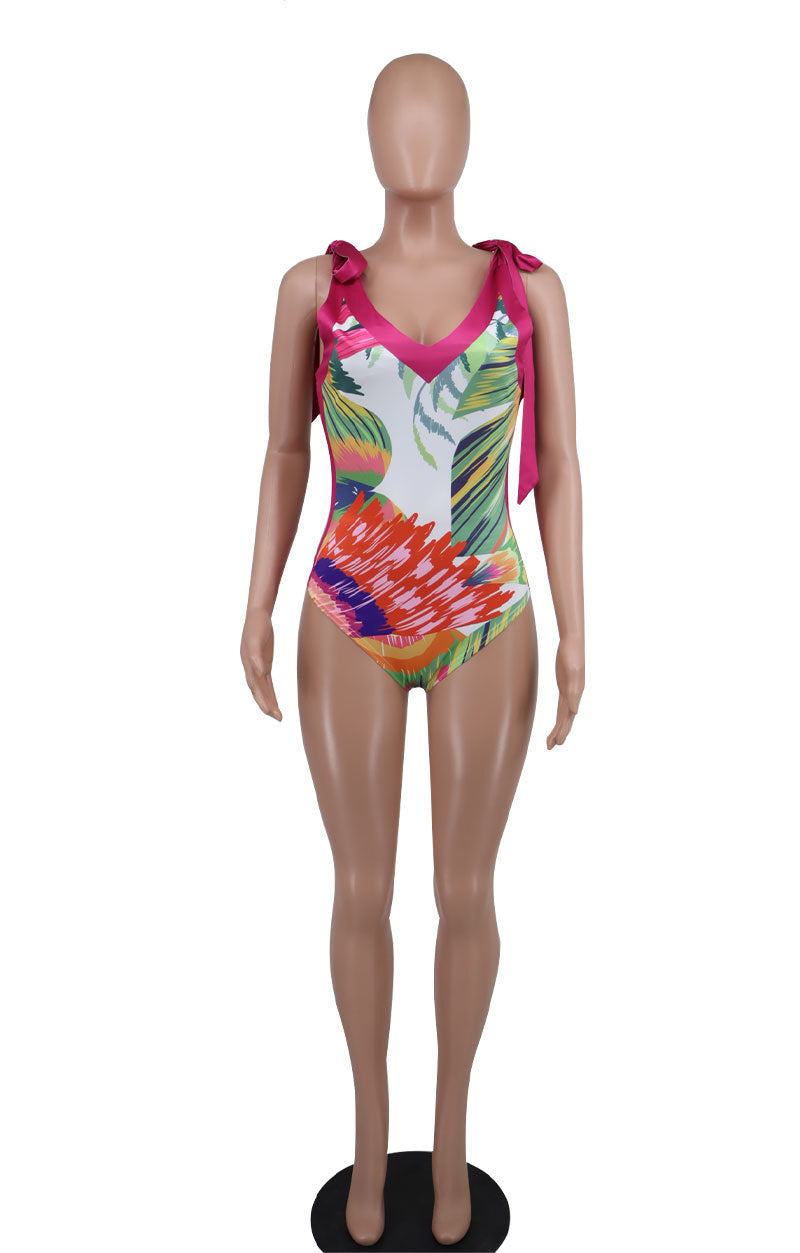 Fashion Casual Women's Sleeveless Printed Lace Up Strap Bodysuit Skirt Set 9