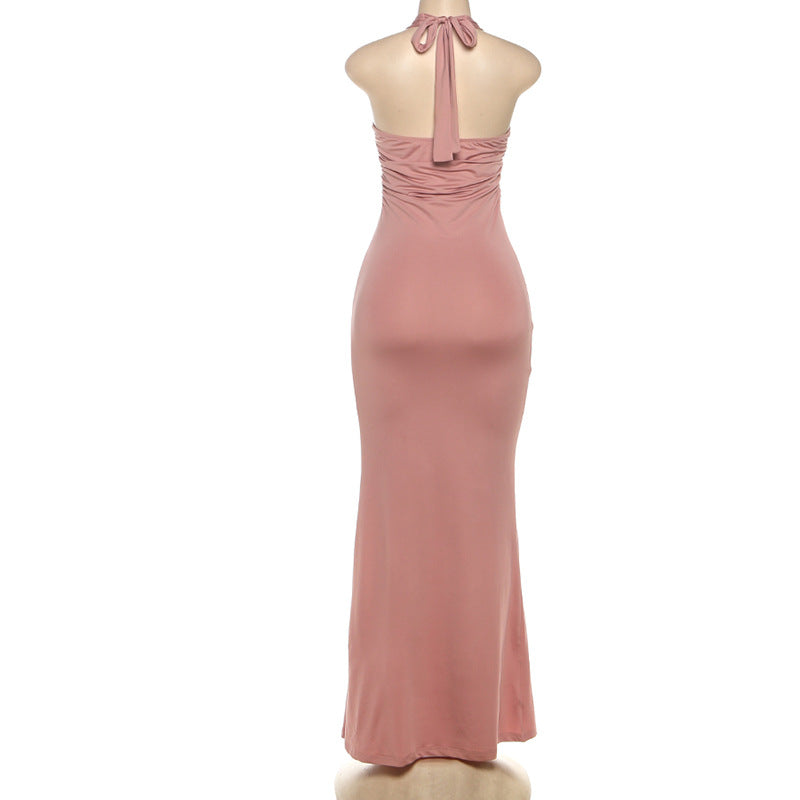 Autumn Winter Women's Sexy Halter Neck Low Back Fashion Metal Decorative Button Bodycon Dress 7