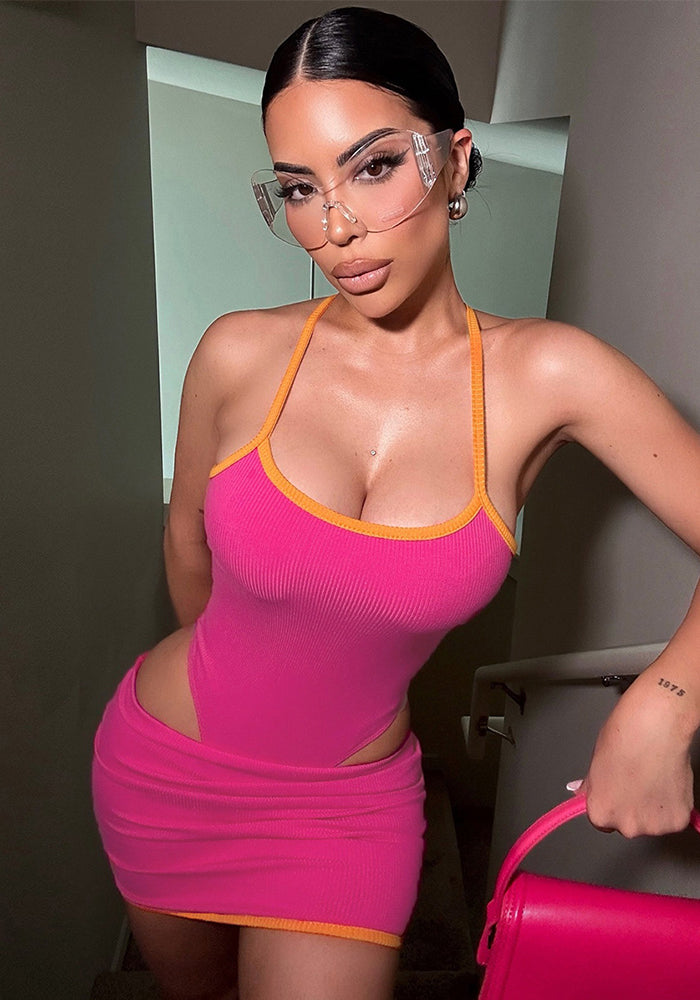 Autumn Slim Contrast Low Back Bodysuit Skirt Two Piece Set