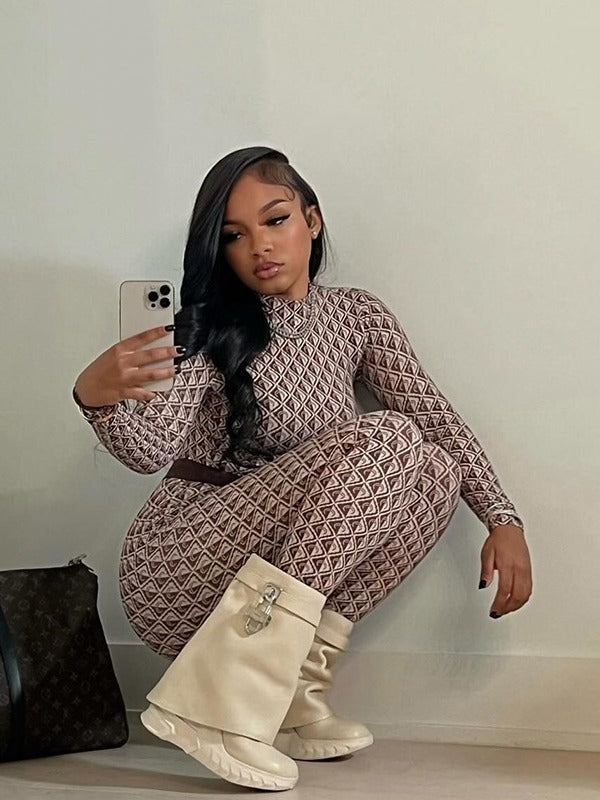 Women Printed Streetwear Round Neck Long Sleeve Jumpsuit 6