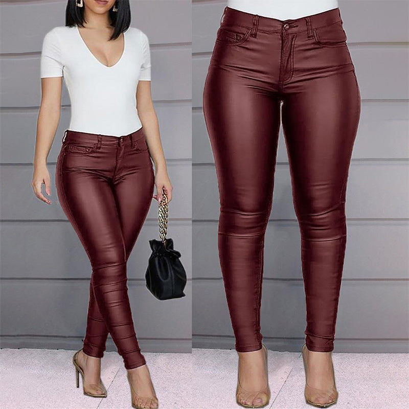 Autumn And Winter Solid Color Pu Leather Casual Sexy Tight Pants Women's Trousers 5
