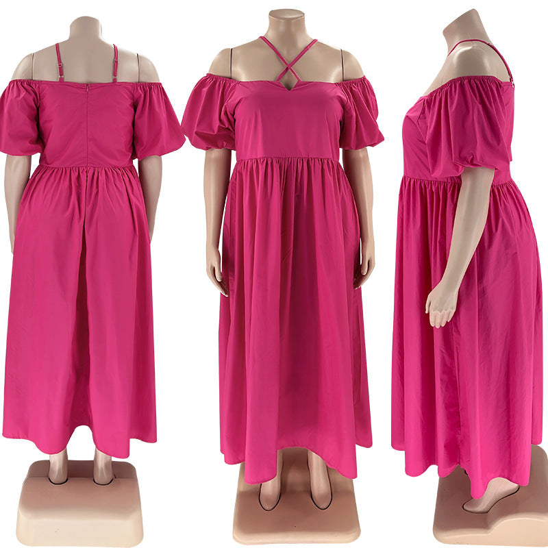 Solid Color Sexy Strapless Halter Neck Plus Size Women's Fashion Loose Short Sleeve Dress 16