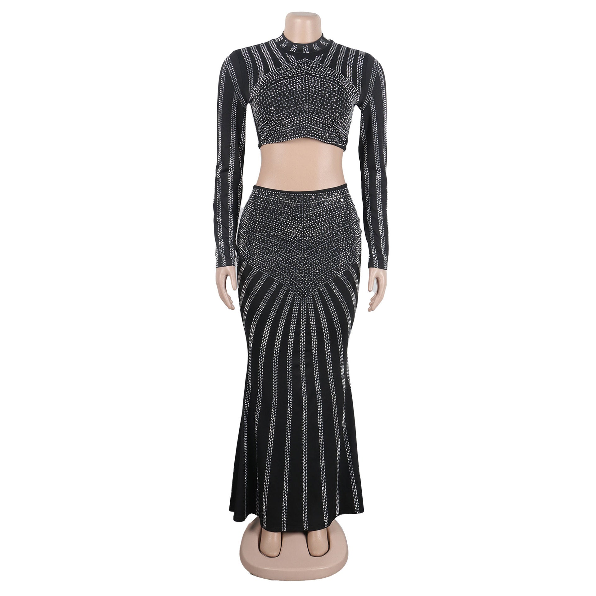 Sexy Beaded Tight Fitting Stretch Long Sleeve Top Bodycon Mermaid Skirt Suit 16