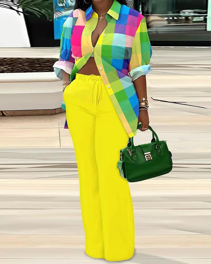 Women's Fashion Casual Print Long Sleeve Shirt Pants two piece Set 12