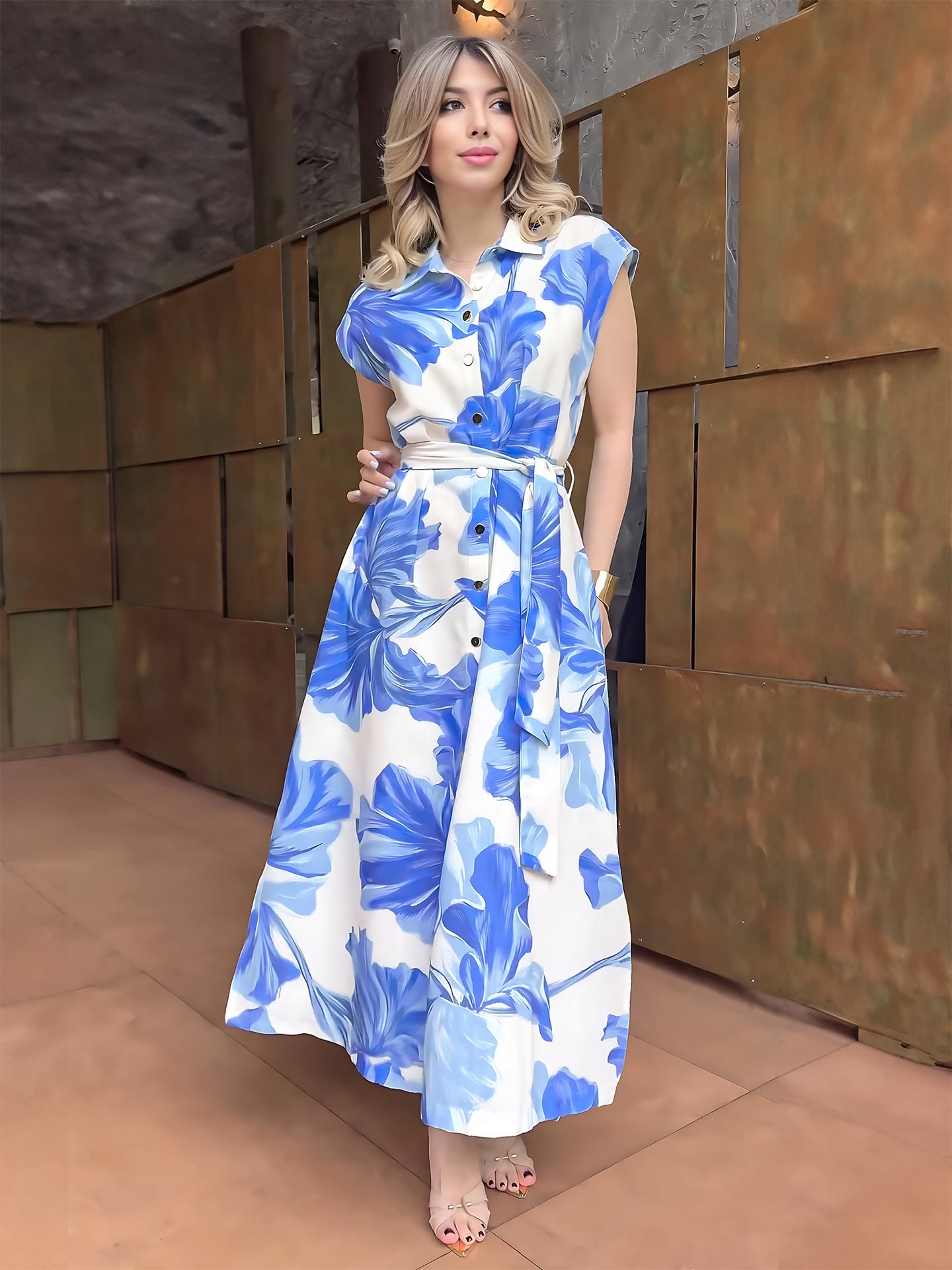 Women Sleeveless Button Lace Dress