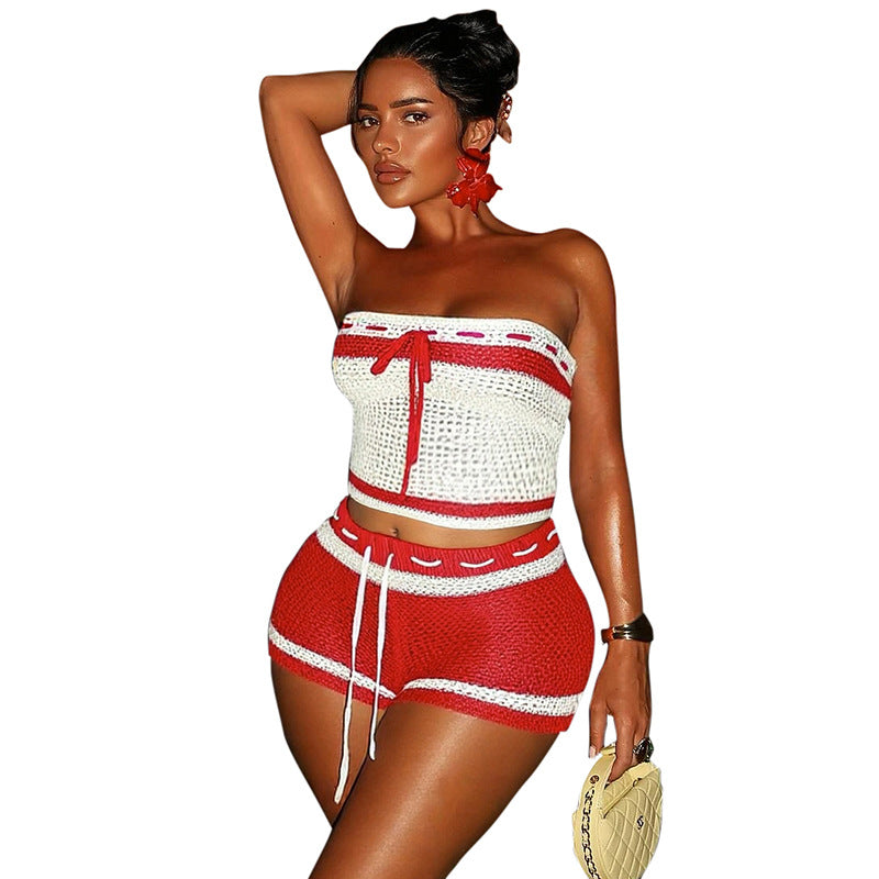 Summer Women's Fashion Knitting Drawstring Contrast Stripes Strapless Two-Piece Shorts Set