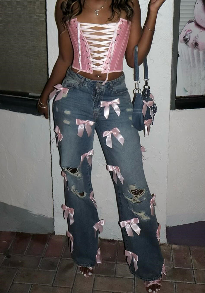 Women Street Bow Washed Ripped Denim Jeans