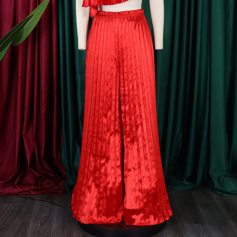 Summer Ladies Solid Color Casual Loose Pleated Wide Leg Pants African Trousers 13