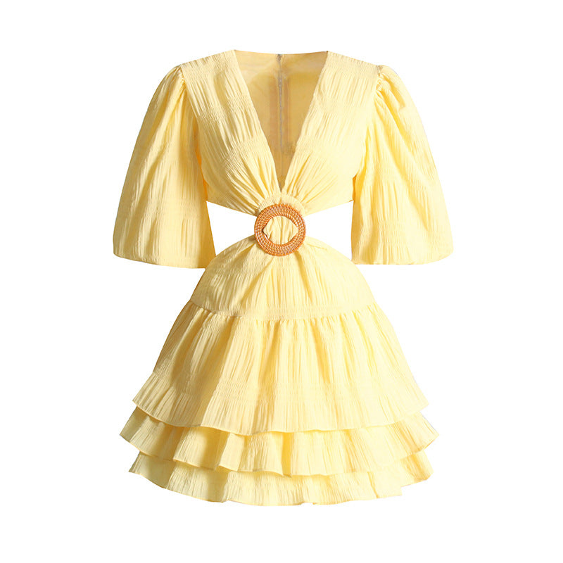 Women French Vintage Fall Cut Out V-Neck Balloon Sleeve Sexy Mini Dress 5