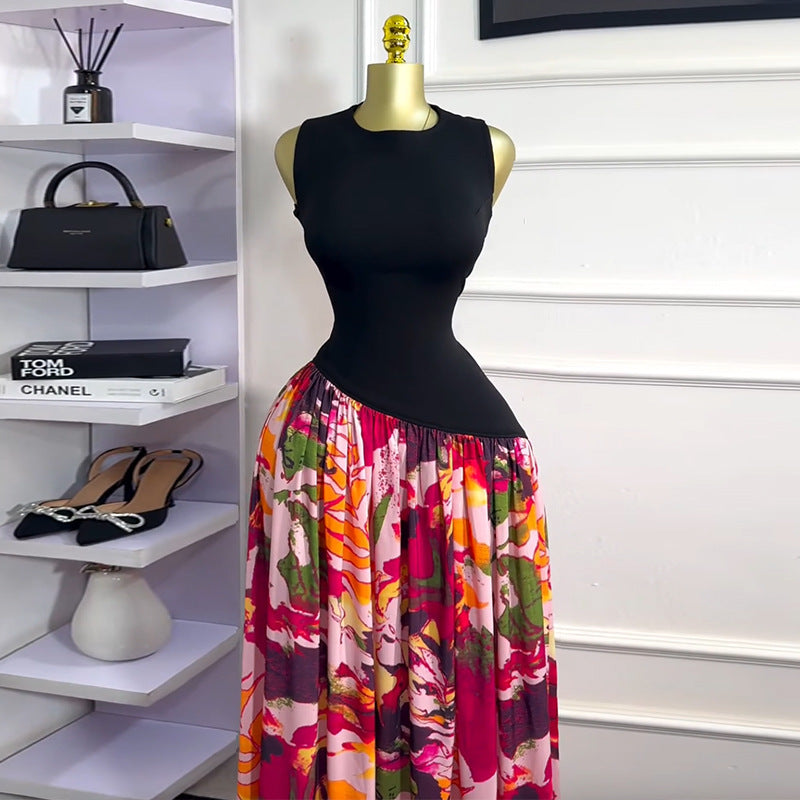 Women's Summer print Round Neck sleeveless high waist A-line long dress 3