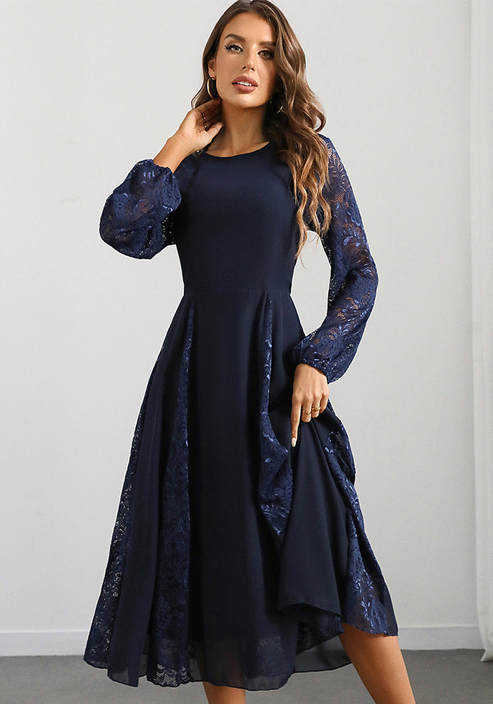 Women Sexy Long Sleeve Chiffon Patchwork Lace Evening Dress