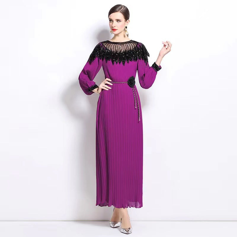 Beaded Chic Lantern Sleeve Pleated Dress 6