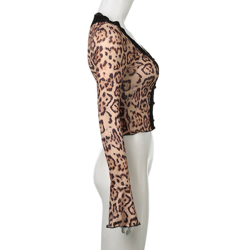 Women Leopard Lace Hollow Lace Sexy V-Neck T-Shirt Top 9