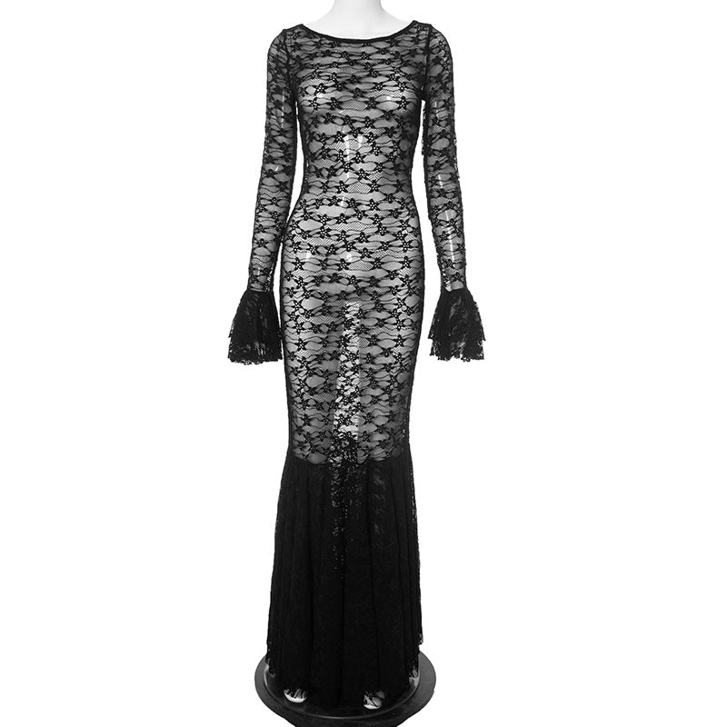 Women Summer Sexy See-Through Lace Round Neck Lace Mermaid Dress 7