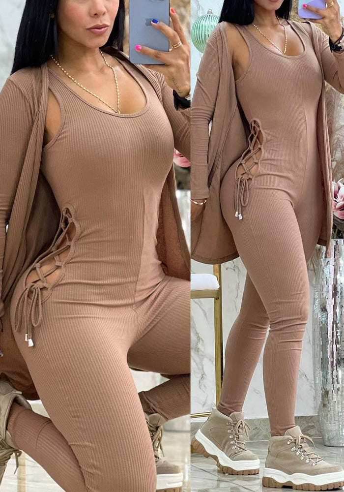 Women Solid Hollow Lace-Up Jumpsuit