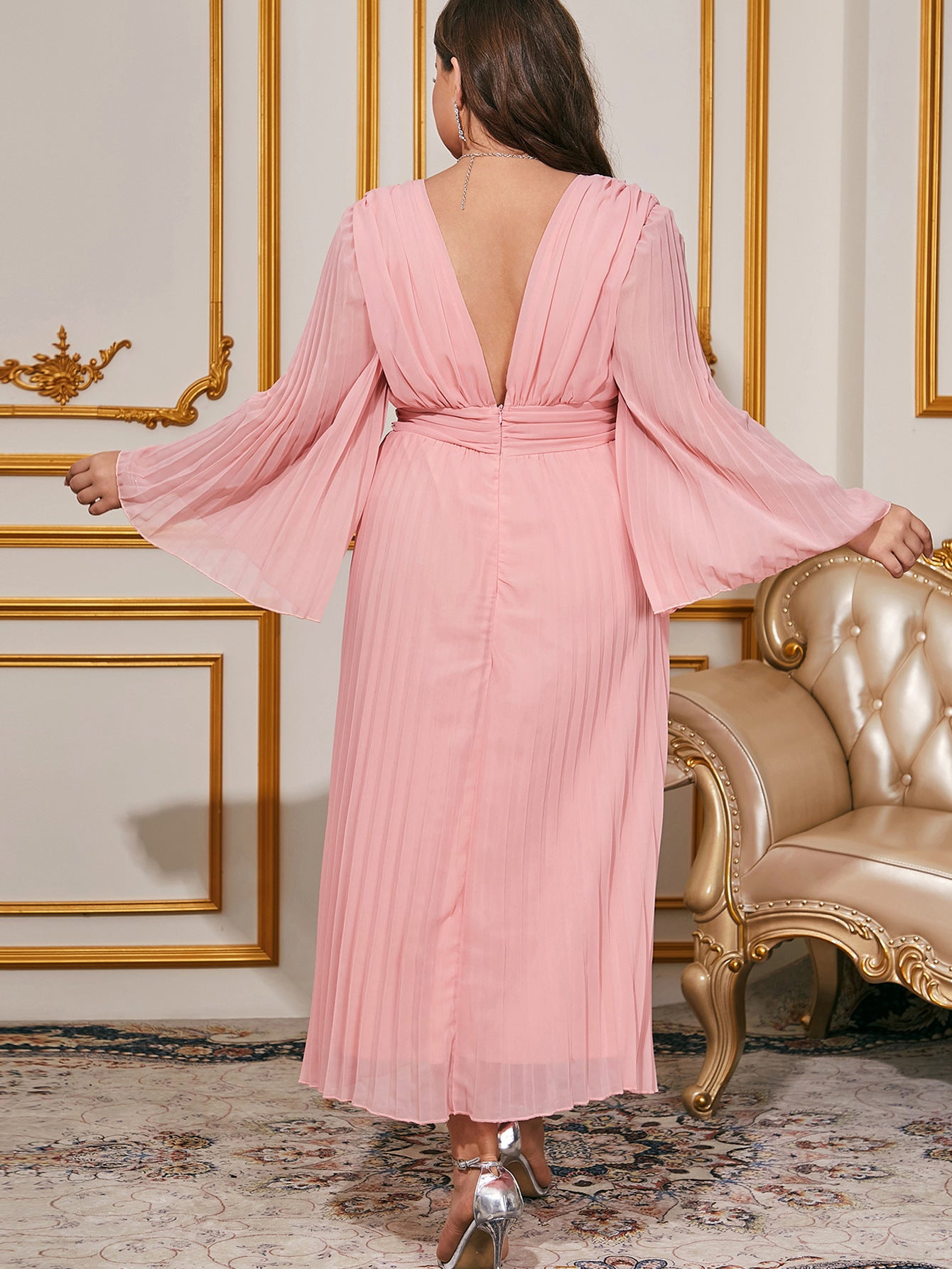 Plus Size Women Pleated V Neck Long Sleeve Chiffon Dress 8
