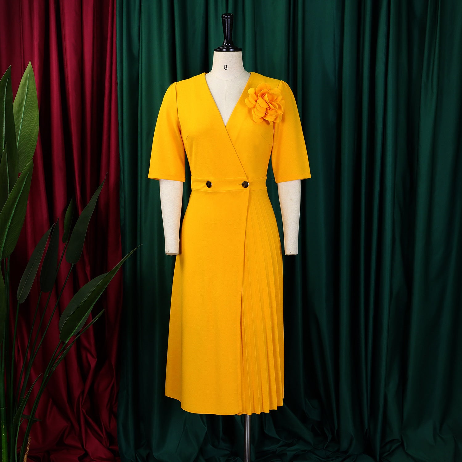 Women's Summer V-Neck Fashion Short Sleeve Solid Color Elegant Pleated African Dress 20