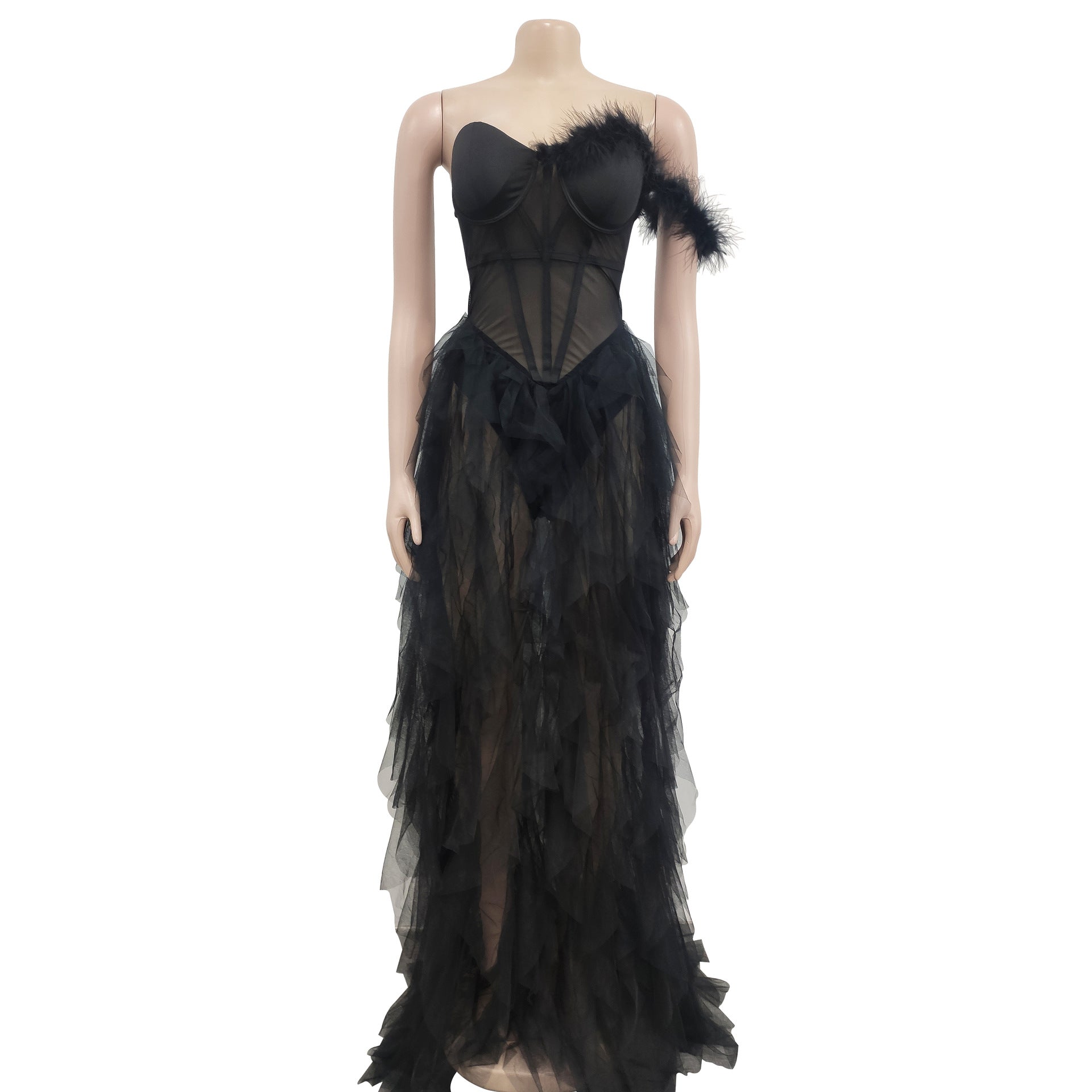 Women'S Fashion Solid Color Sleeveless Wrapped Chest Mesh Maxi Dress 19