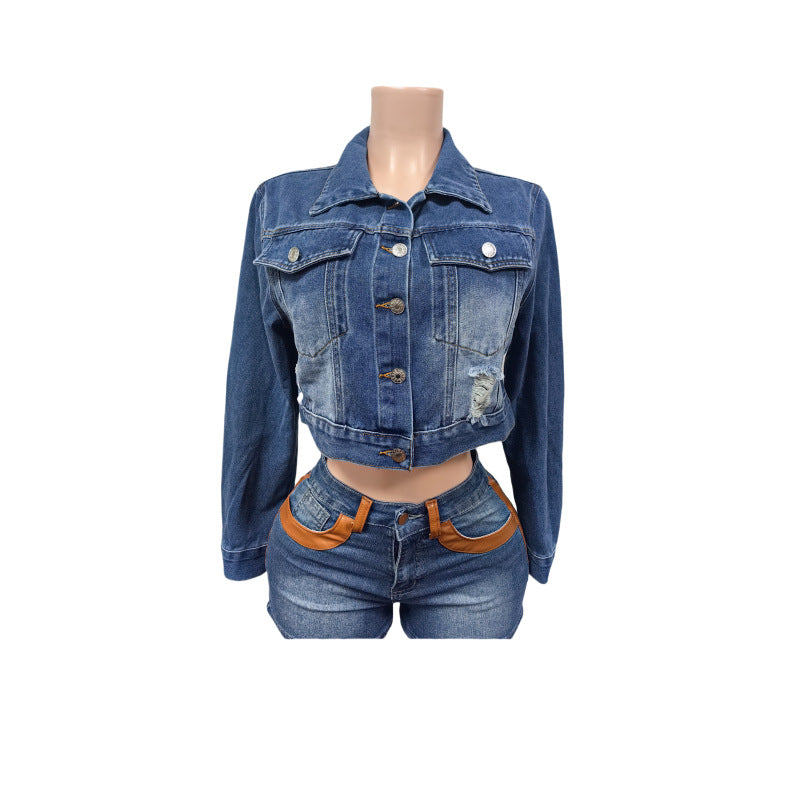 Women Embroidered Butterfly Appliqué Long-Sleeved Denim Embroidered Top 8