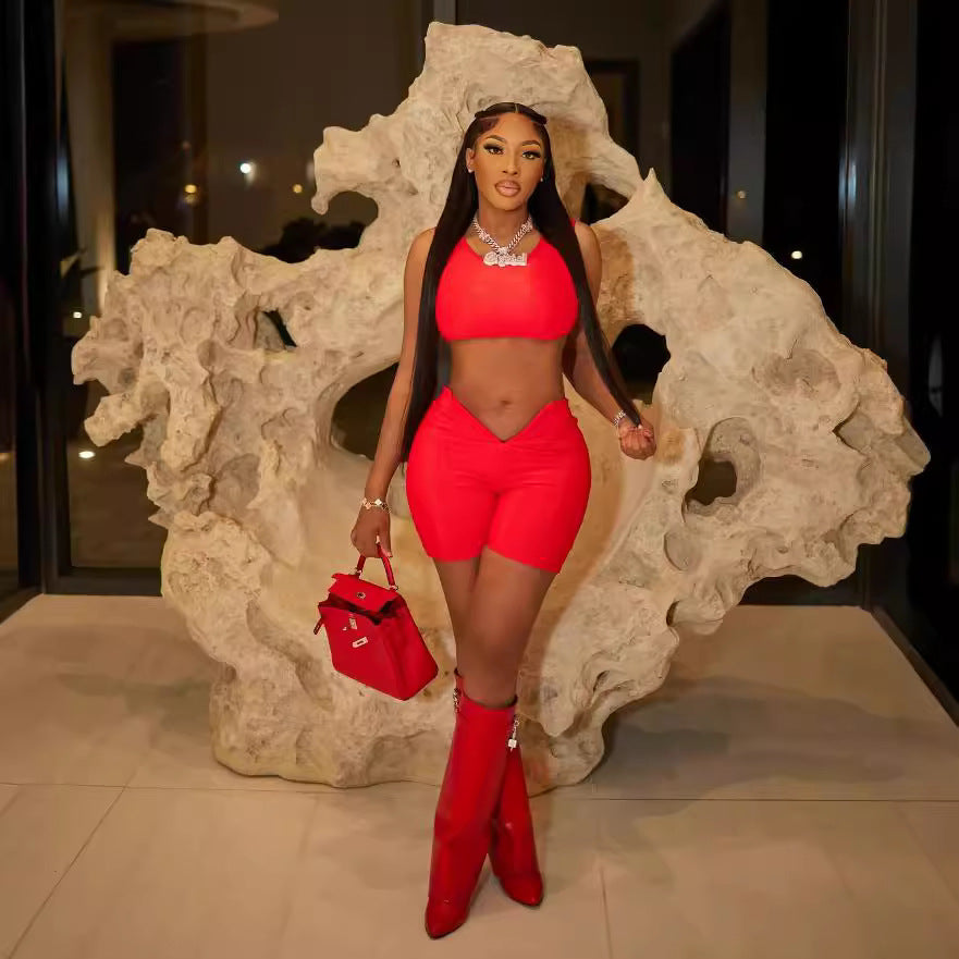 Fashion Sleeveless Crop Tank Top V Waist Shorts Two Piece Set 6