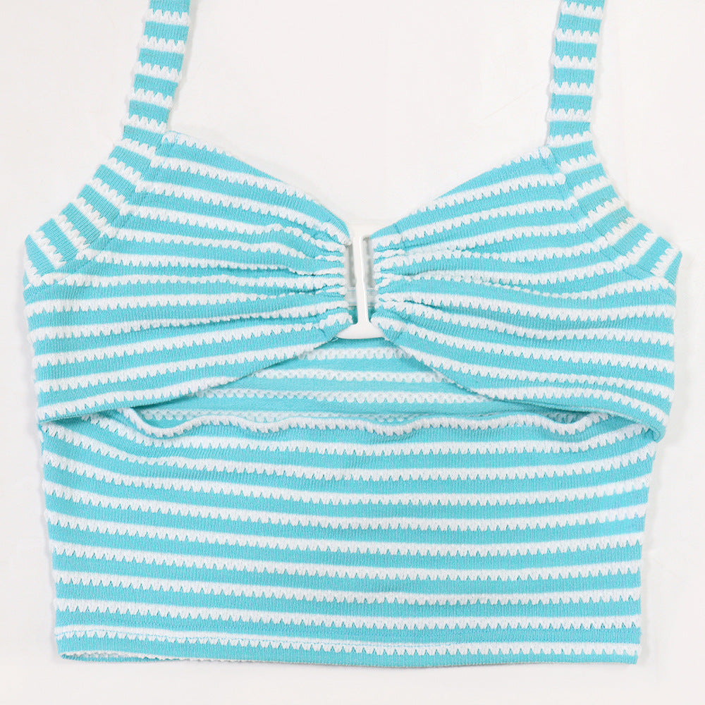 Women jacquard striped lace-up Crop Top and pencil pants two-piece set 13