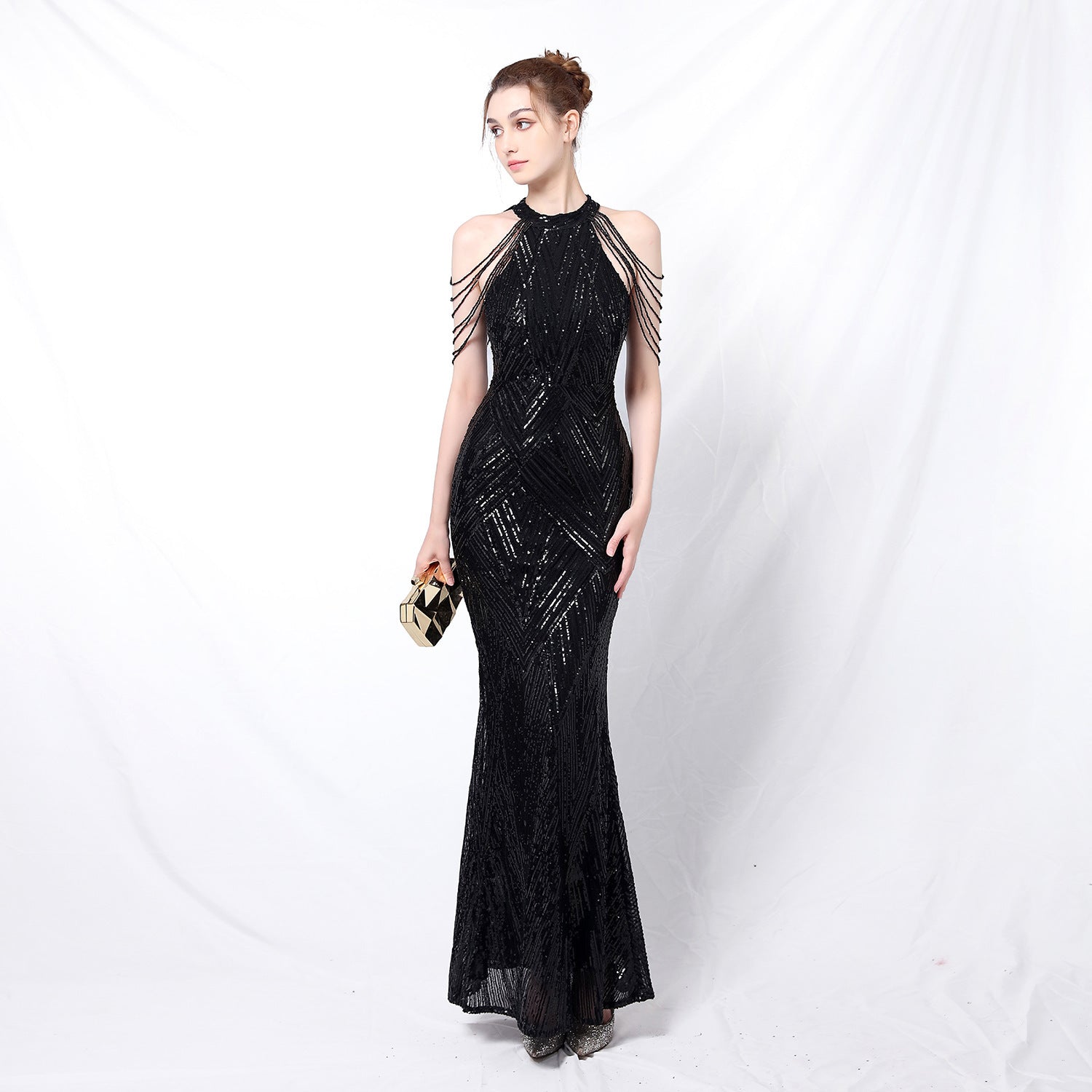 Deep V-Neck Sequined Fishtail Dress Sexy Evening Party Gown 13