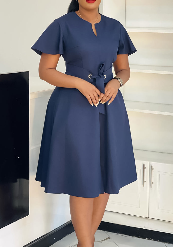 Women’s Summer Lace-Up Short Sleeve Plus Size Solid Color Chic Dress