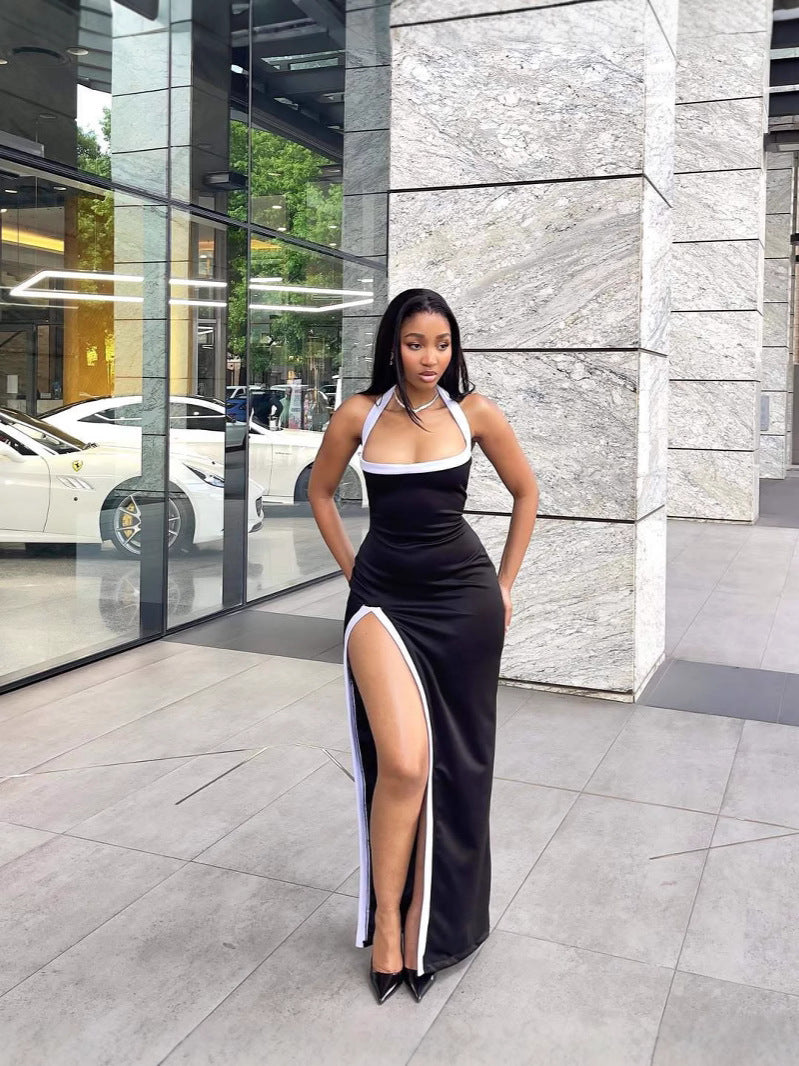 Summer Fashion White Contrast Color High-Slit Halter Neck Dress 5