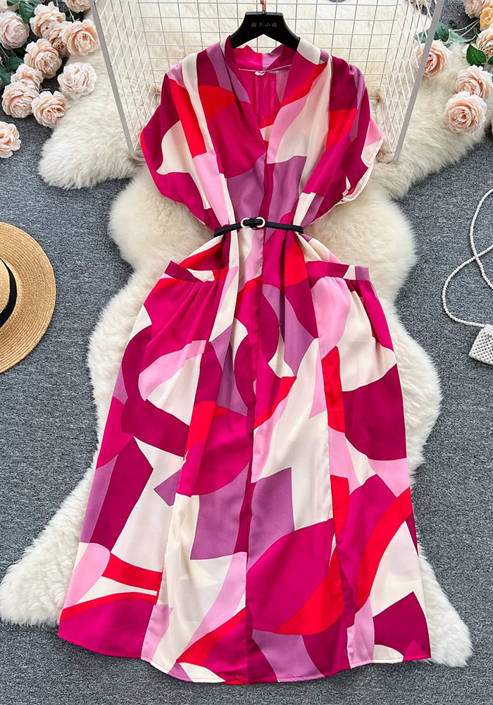 Women Vintage V-Neck Print Summer French Lace-Up Maxi Shirt Dress