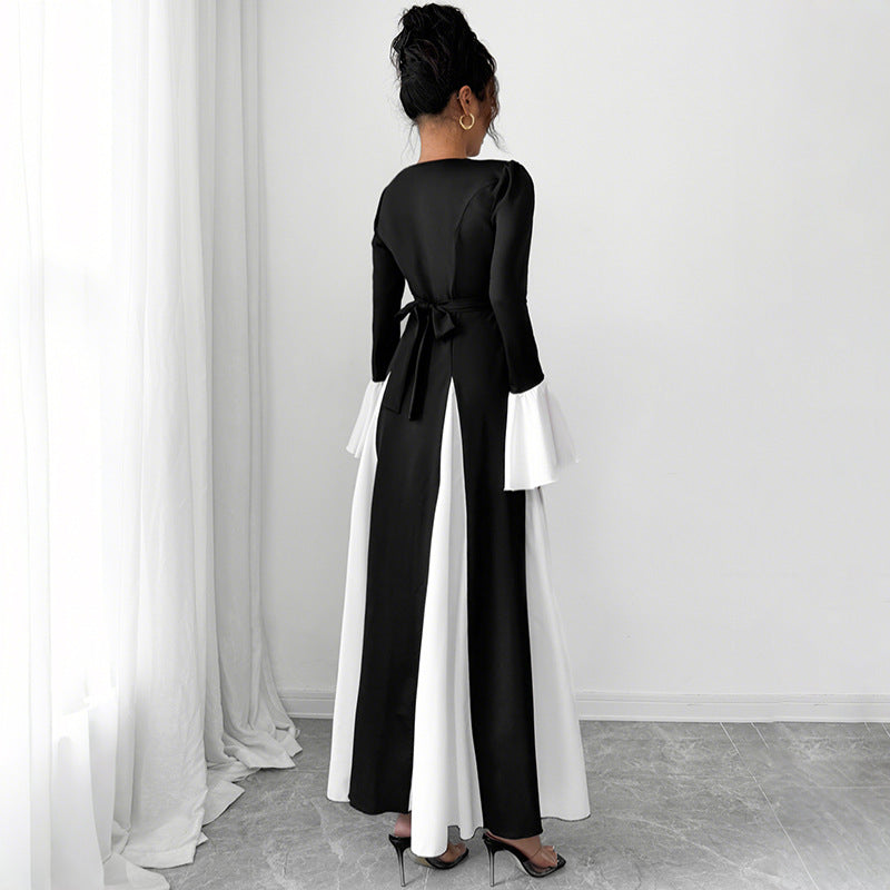 Women Fall/Winter Lace-Up Round Neck Patchwork Contrast Color Bell Bottom Sleeve Dress 4