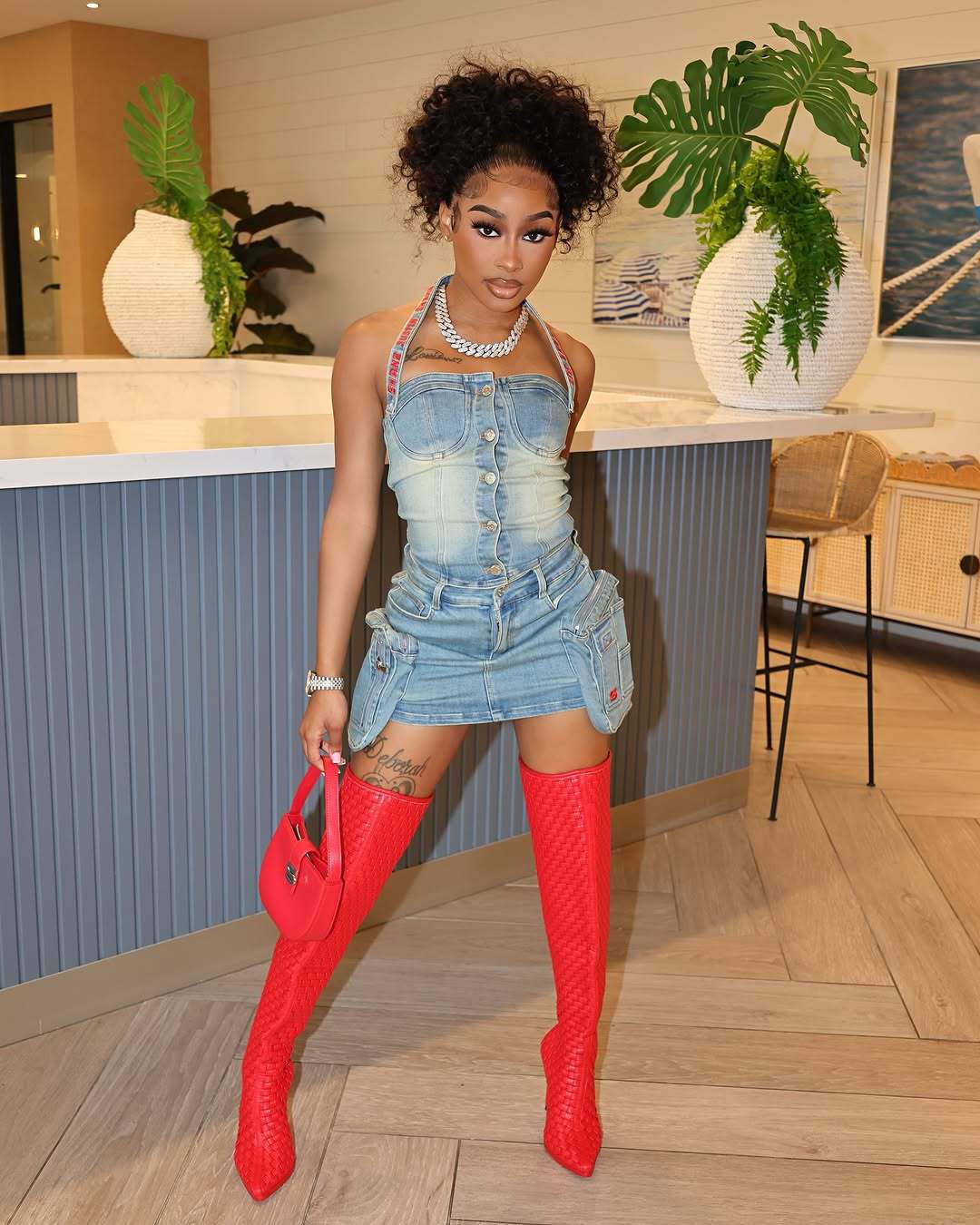 Women Vintage Stretchy Washed Denim Strapless Crop Top and Skirt Two Piece Set