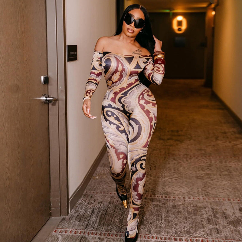 Women summer/fall multi-color print off-shoulder long-sleeved covered jumpsuit