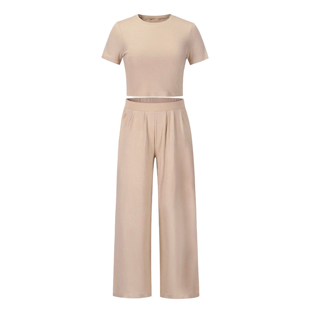 Casual Fashion Short-Sleeved T-Shirt Pocket Loose Wide-Leg Pants Two-Piece Set 7