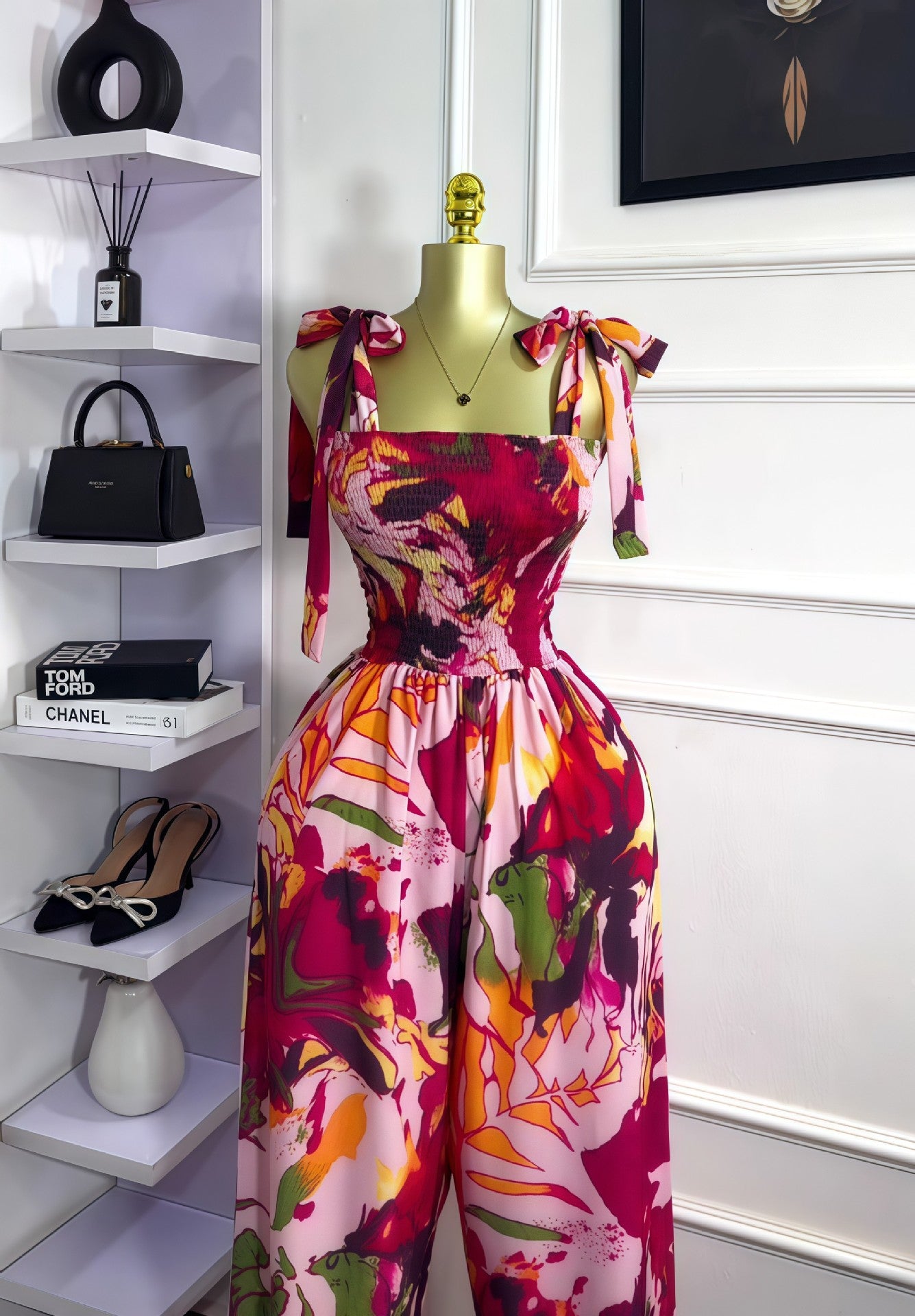 Women Summer Sleeveless Bow Tie Strapless Print Jumpsuit 4