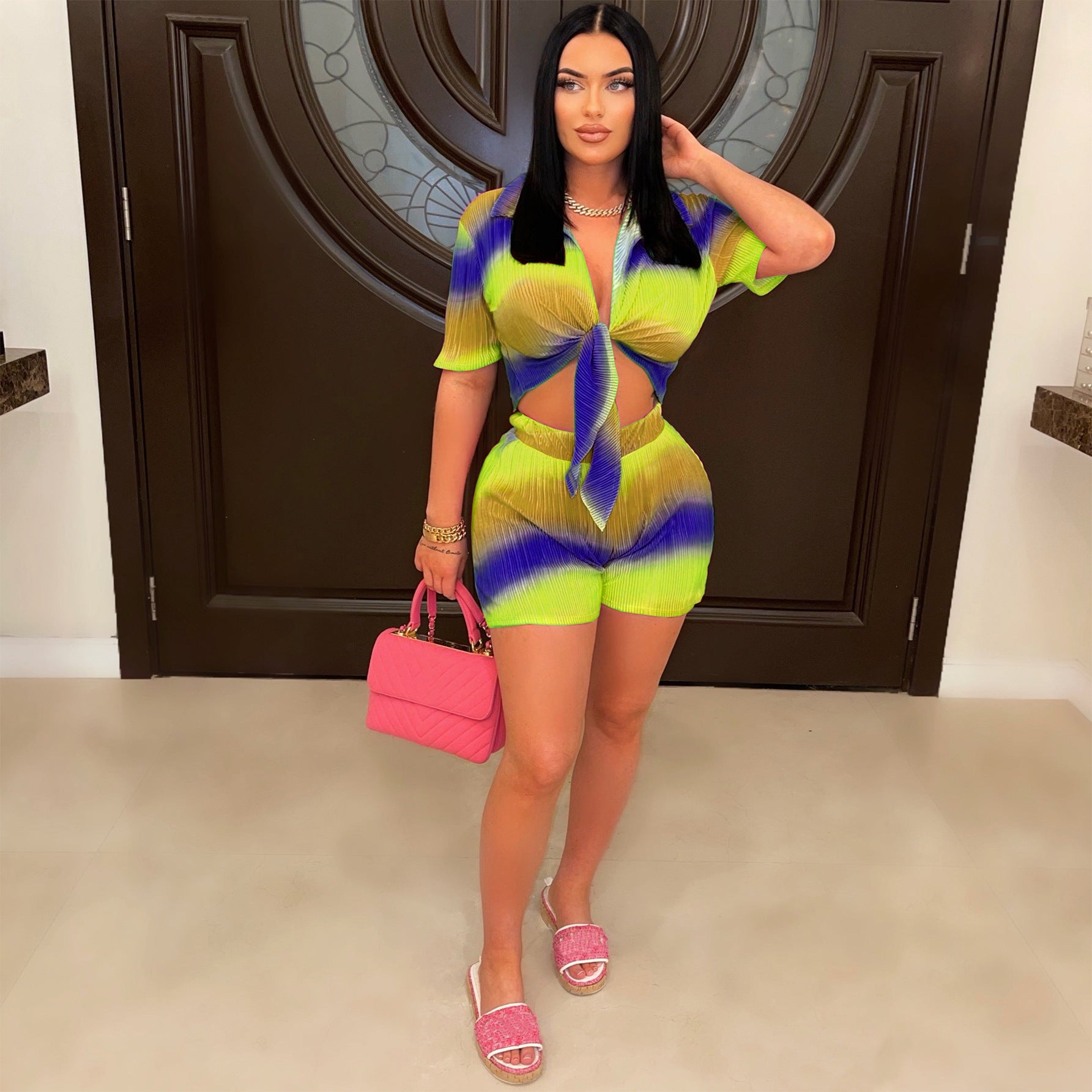 Fashion Gradient Multi-Color Print Two-Piece Shorts Set 4