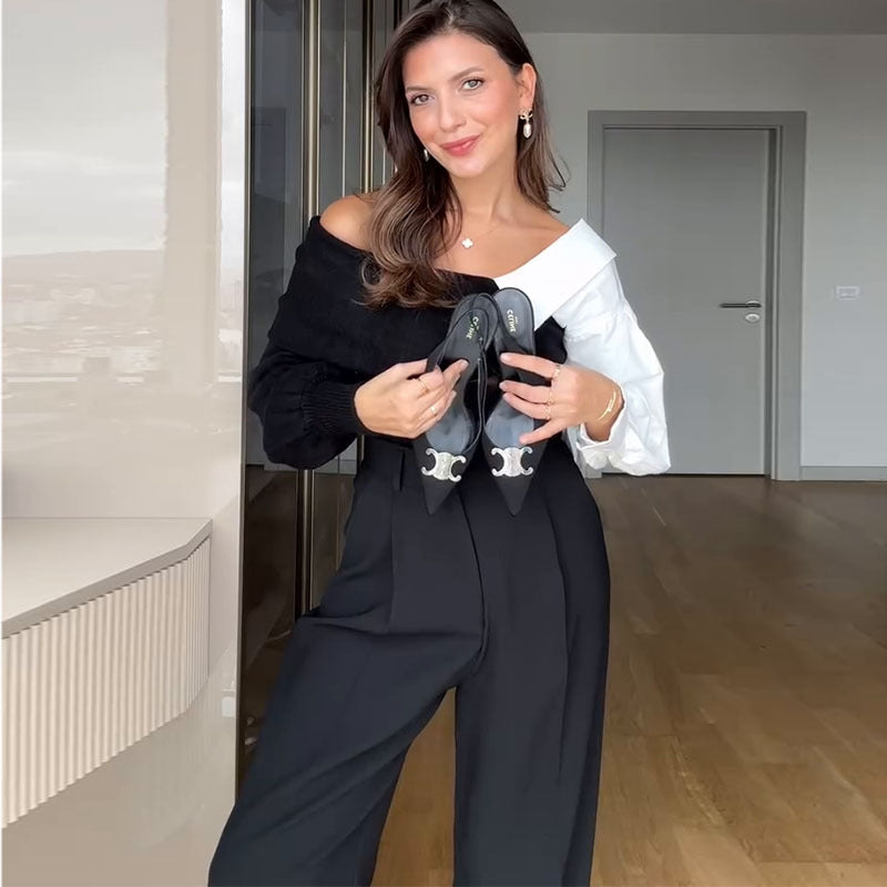 Chic Color Matching Design Off-Shoulder Long-Sleeved Knitting Sweater 6