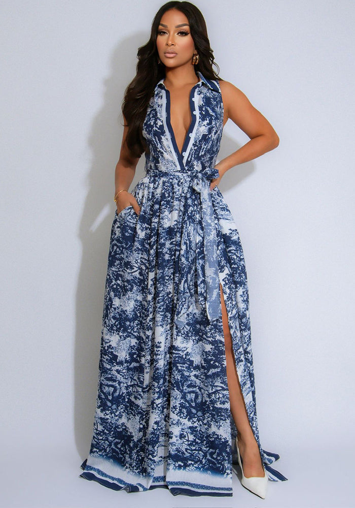 Women printed sexy slit flowing bohemian dress with belt