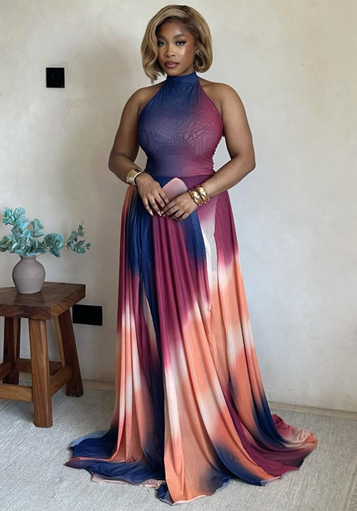 Women gradient pleated Halter neck backless dress