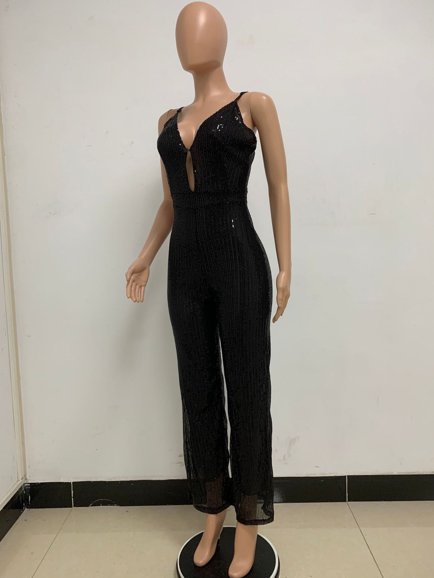 Deep V Neck Low Back Sleeveless Chic Sequined Straps Elegant Women's Party Jumpsuit 54