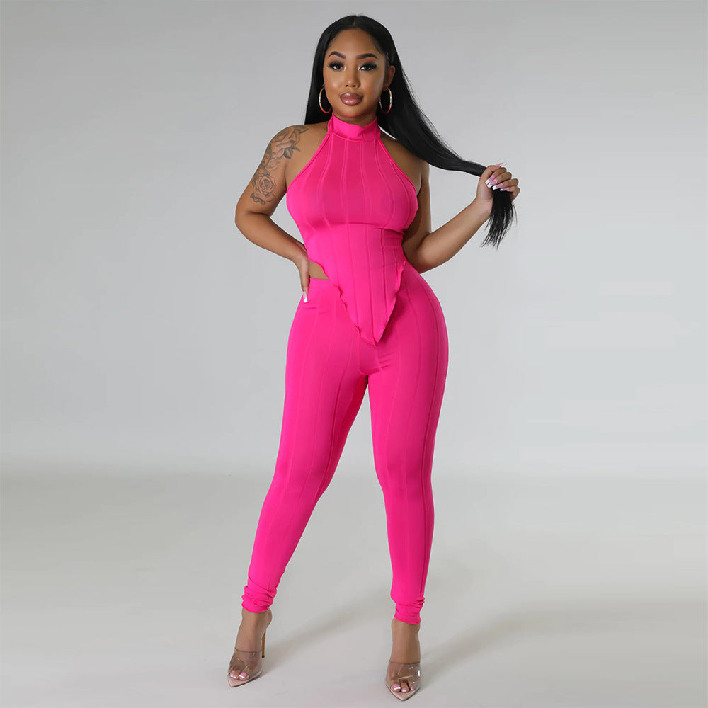 Women Summer Halter Neck Top and Trousers Two-Piece Set 3