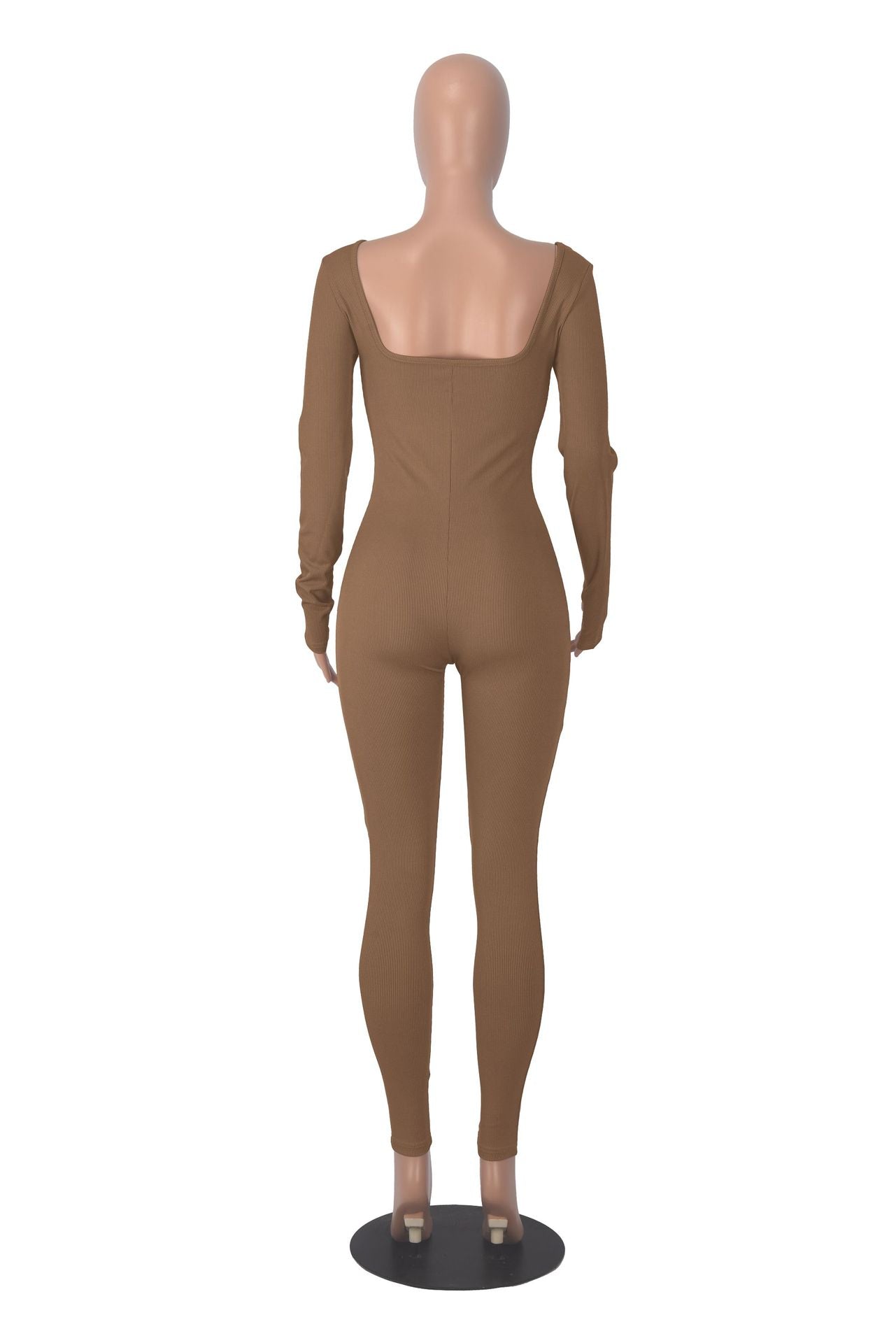 Women's Solid Color Long Sleeve Ribbed Square Neck Low Back Slim Fit Jumpsuit 22