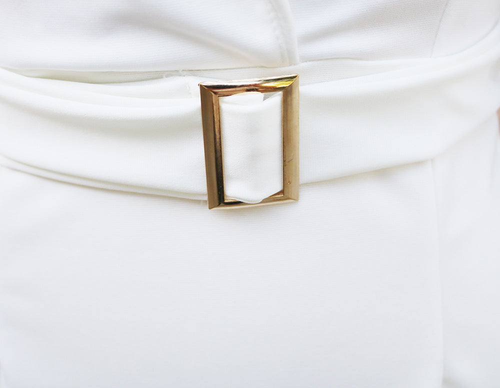 Women's Autumn Chic Turndown Collar High-Waisted Belted Office Dress 19