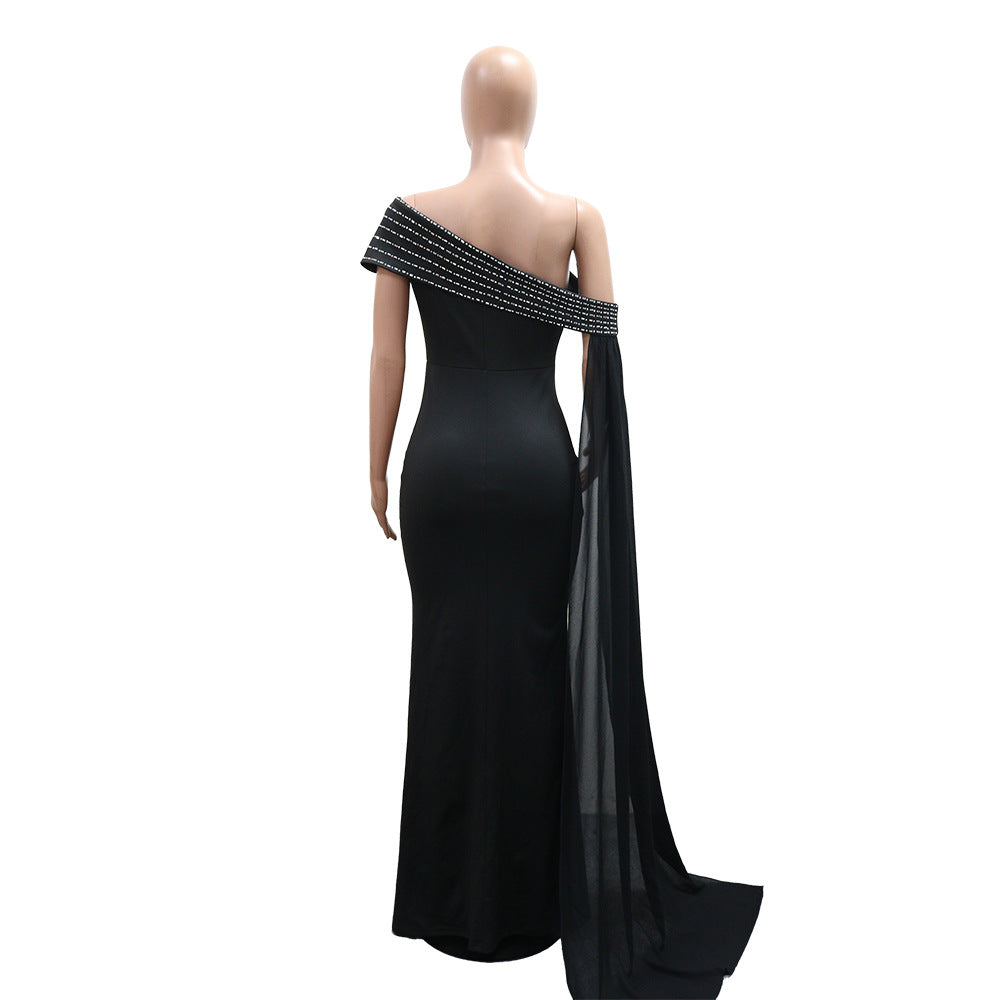 Women's Slash Shoulder Beaded Sexy Slim Fit Long Dress 10
