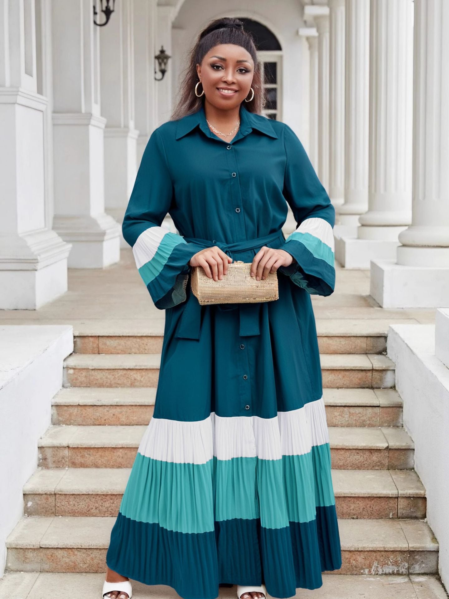 Plus Size Women color matching ruffled Bell Bottom sleeve Turndown Collar pleated chiffon dress 6