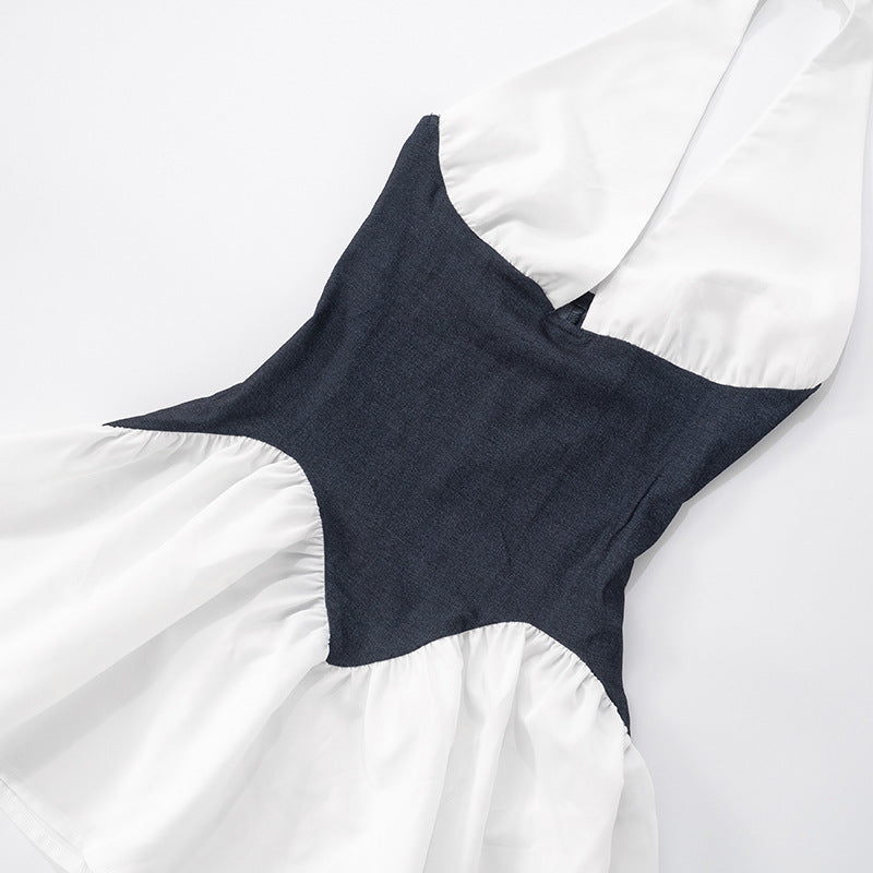 Women Summer Sexy V-Neck Halter Neck Lace-Up Backless Color-Contrast Dress 11